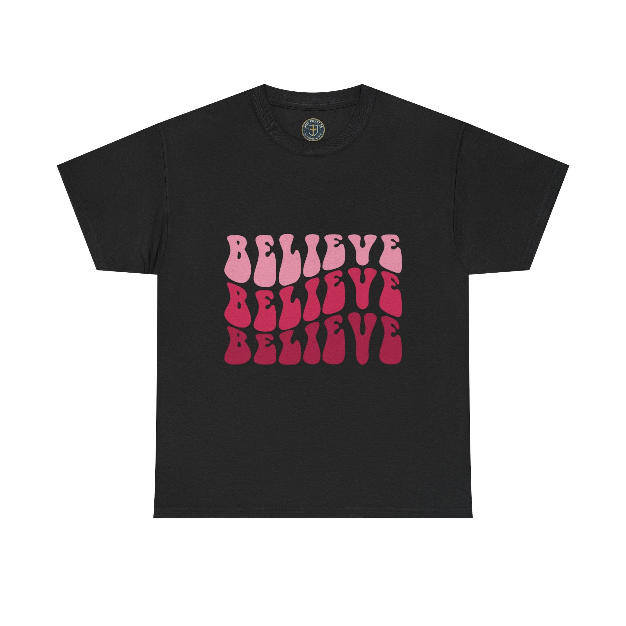 Believe Graphic Tee — Retro Pink Text & Stained Glass Back Print
