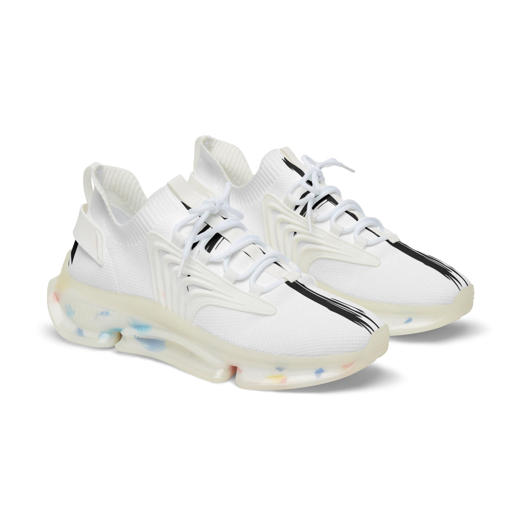 Men's Athletic Sneakers — White Knit Runners with Bold Black Brushstroke Accent