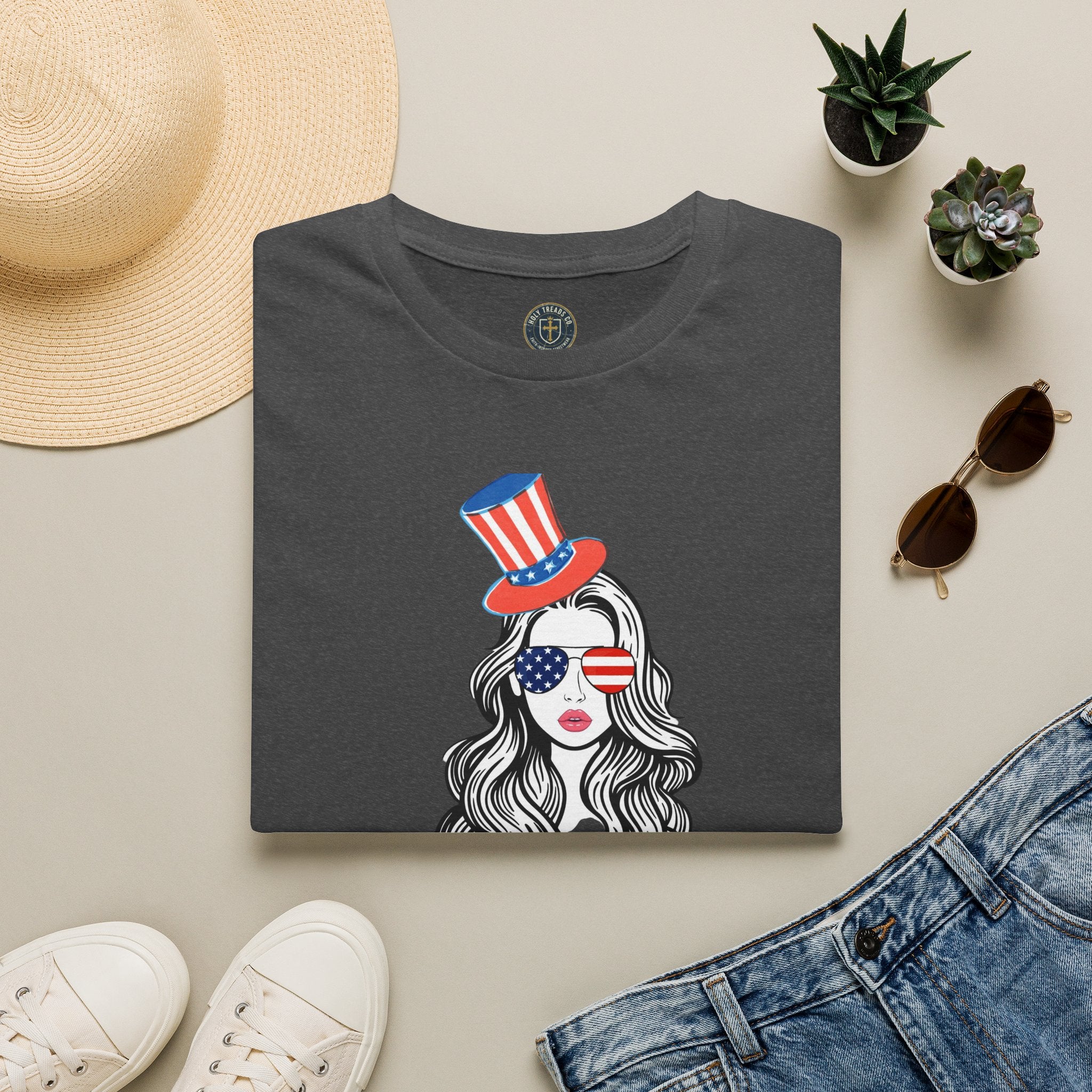 Patriotic Girl Tee — 'America' Vintage USA Sunglasses & Top Hat T-Shirt