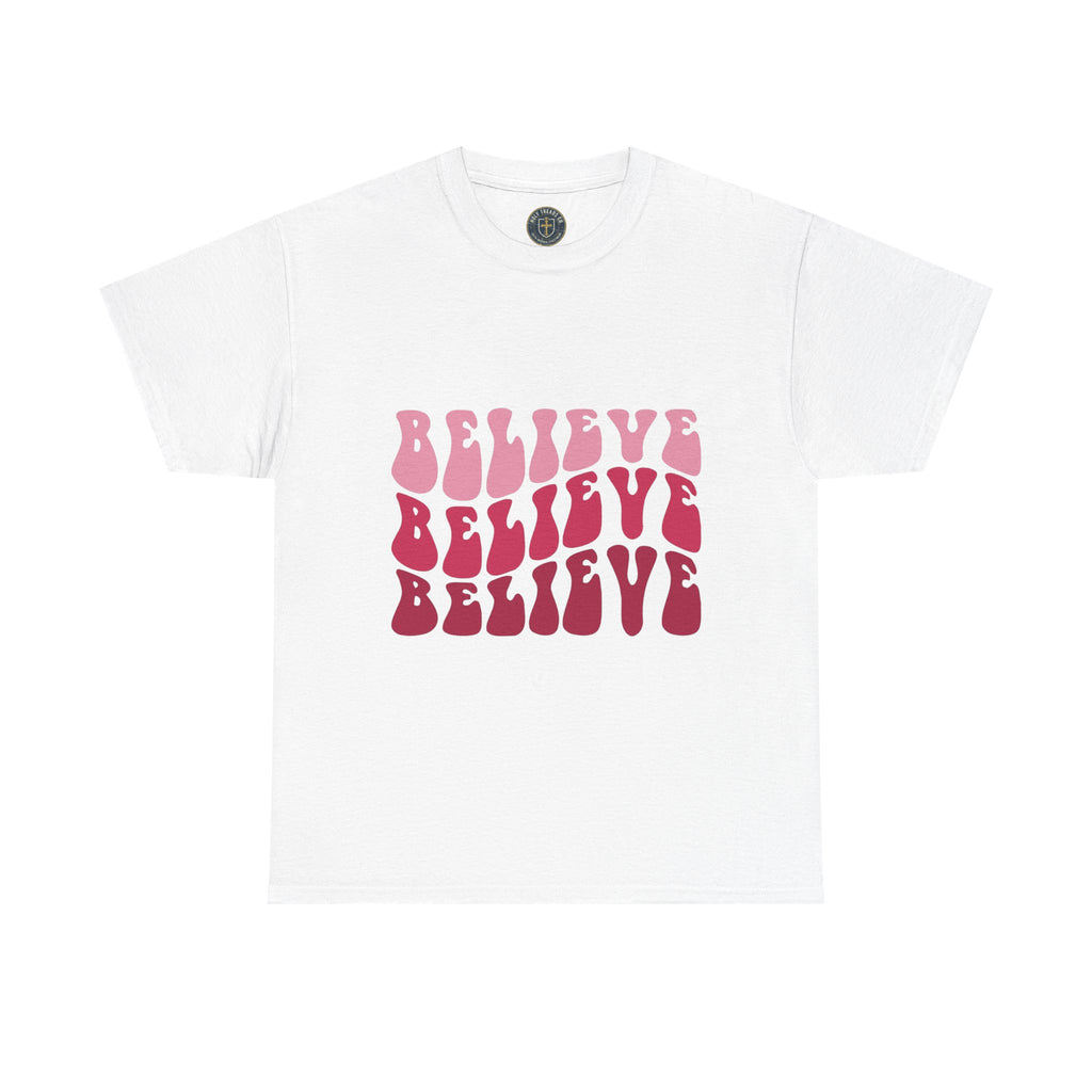 Believe Graphic Tee — Retro Pink Text & Stained Glass Back Print