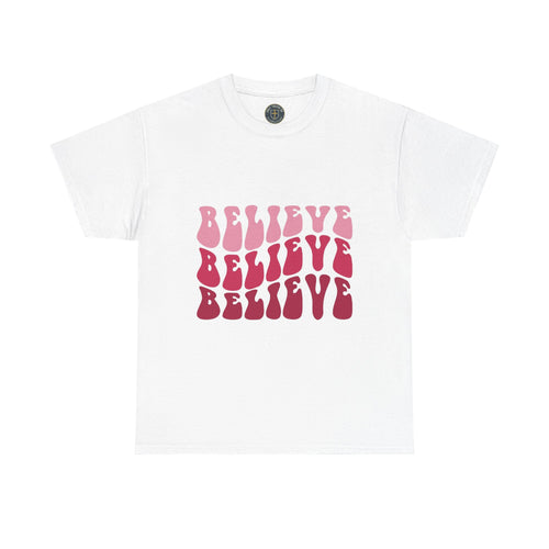 Believe Graphic Tee — Retro Pink Text & Stained Glass Back Print