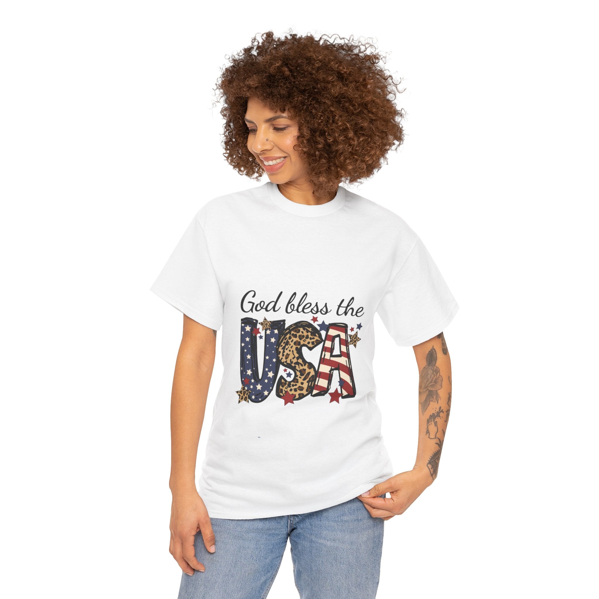God Bless the USA Tee — Patriotic Leopard & Flag Graphic T-Shirt