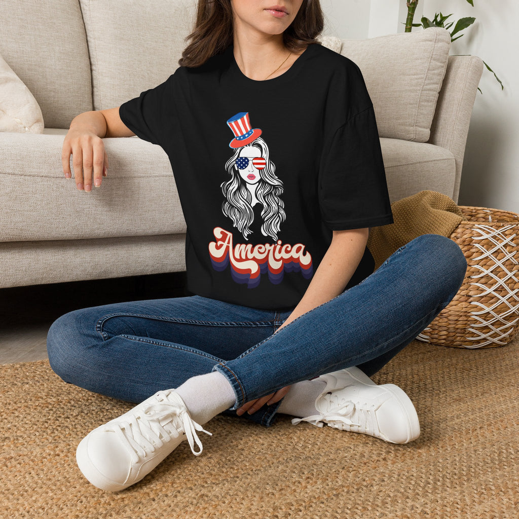 Copy of Patriotic Girl Tee — 'America' Vintage USA Sunglasses & Top Hat T-Shirt