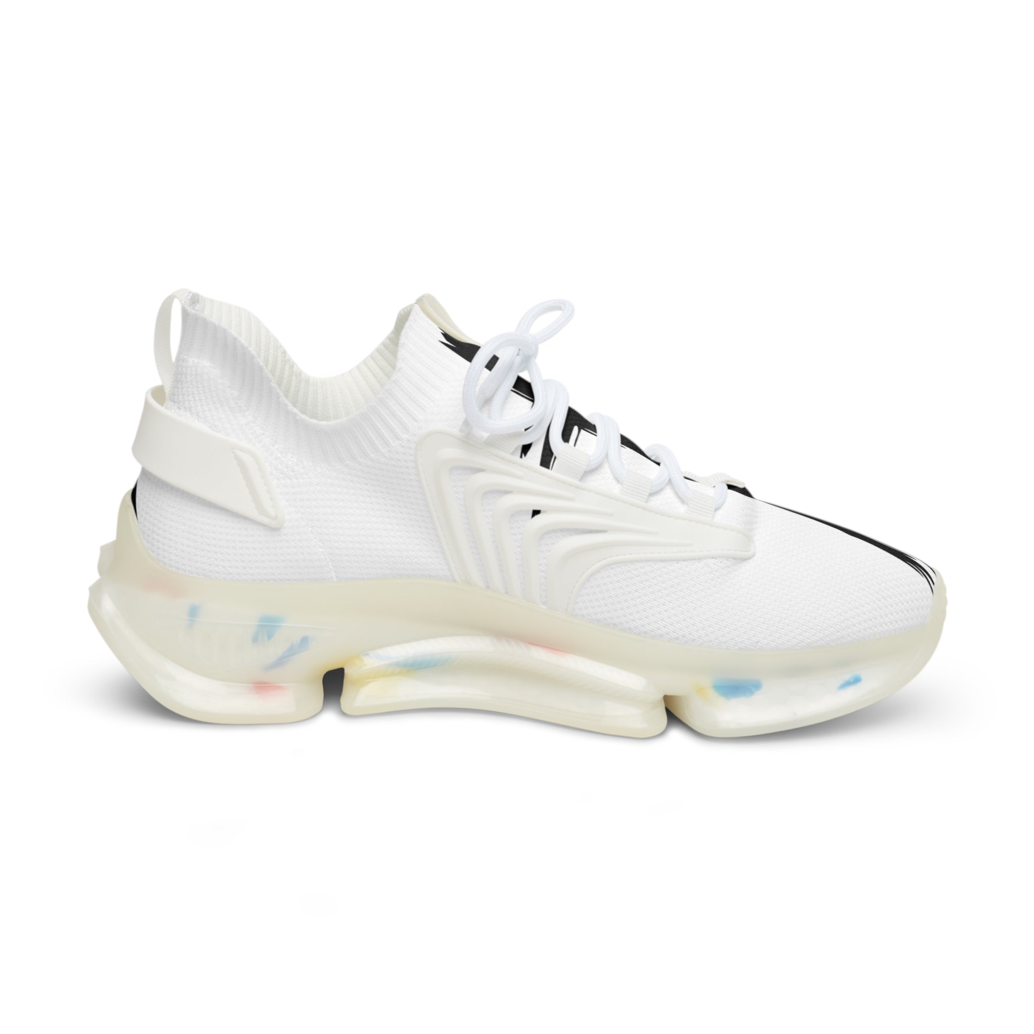 Men's Athletic Sneakers — White Knit Runners with Bold Black Brushstroke Accent