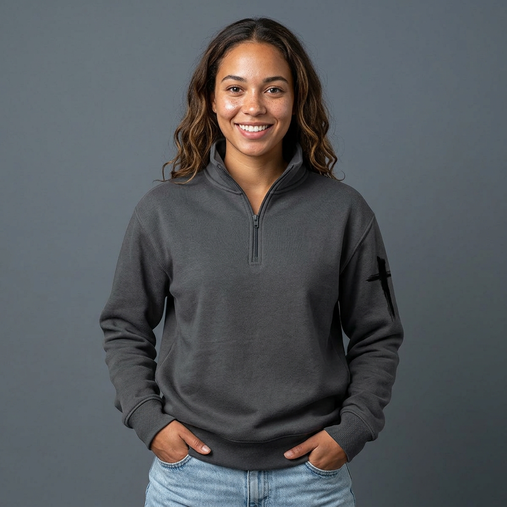 Charcoal Half-Zip Sweatshirt with Minimal Sleeve Cross Accent
