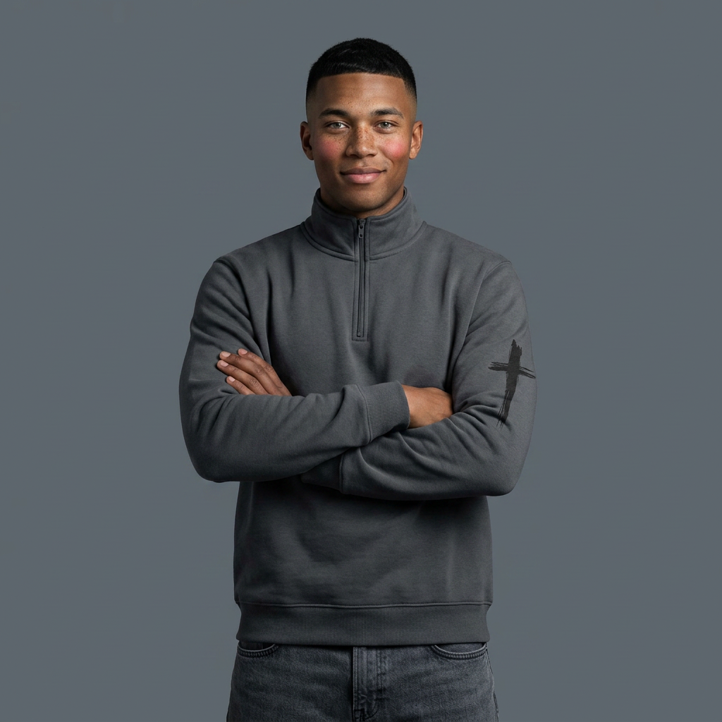 Charcoal Half-Zip Sweatshirt with Minimal Sleeve Cross Accent