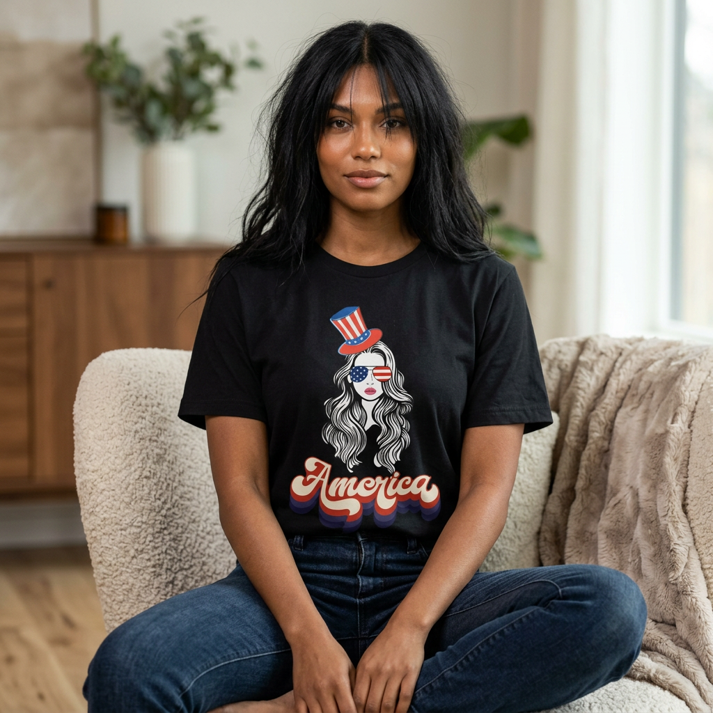 Patriotic Girl Tee — 'America' Vintage USA Sunglasses & Top Hat T-Shirt