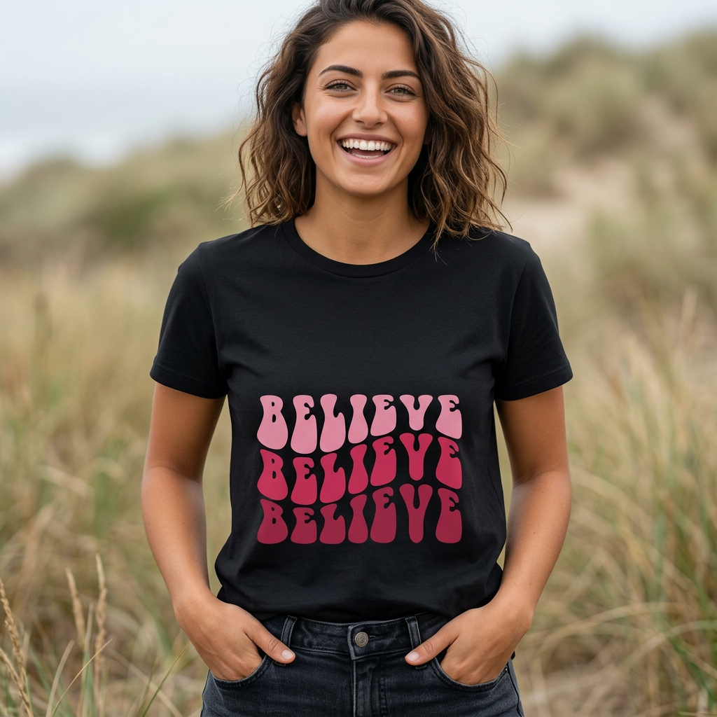 Believe Graphic Tee — Retro Pink Text & Stained Glass Back Print