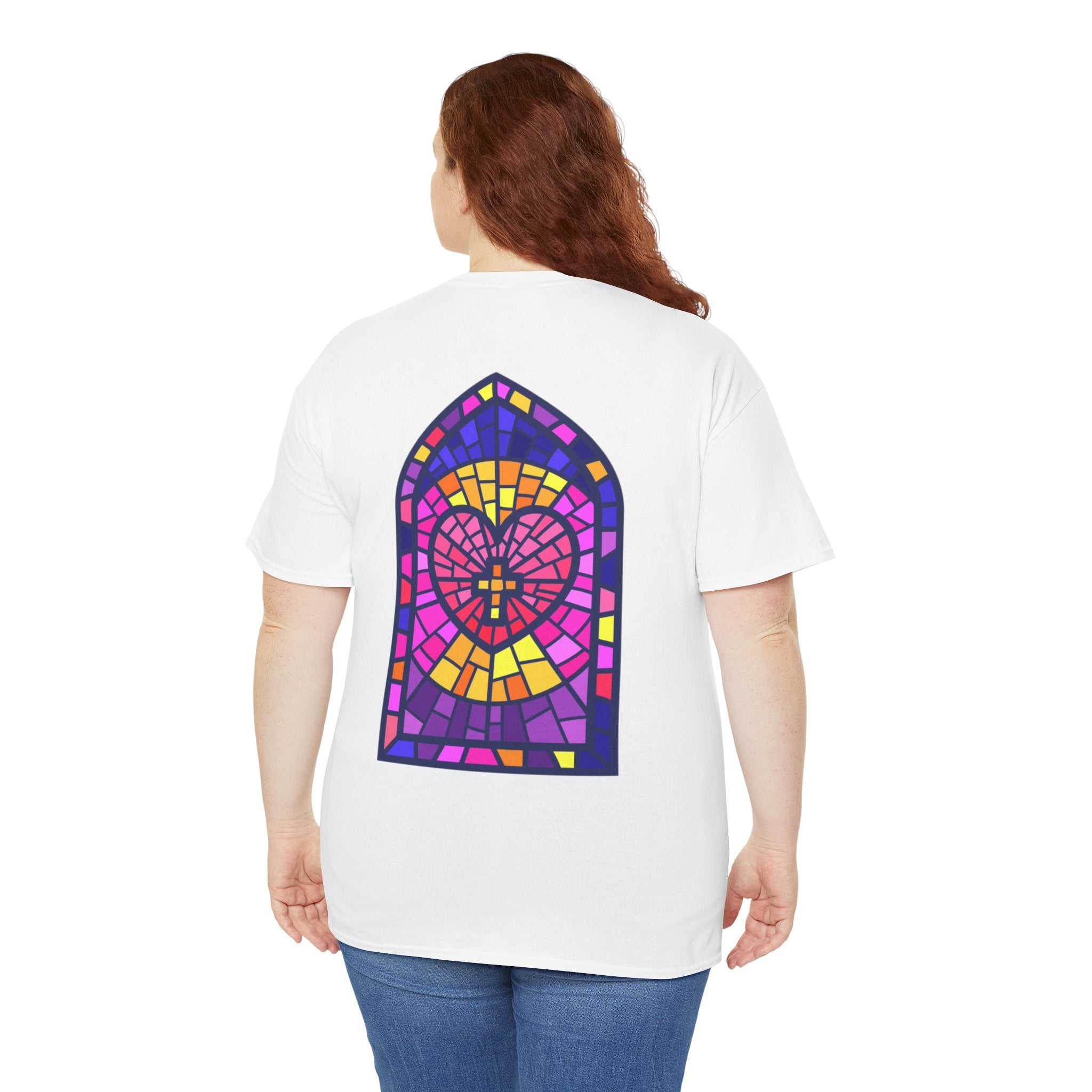 Believe Graphic Tee — Retro Pink Text & Stained Glass Back Print