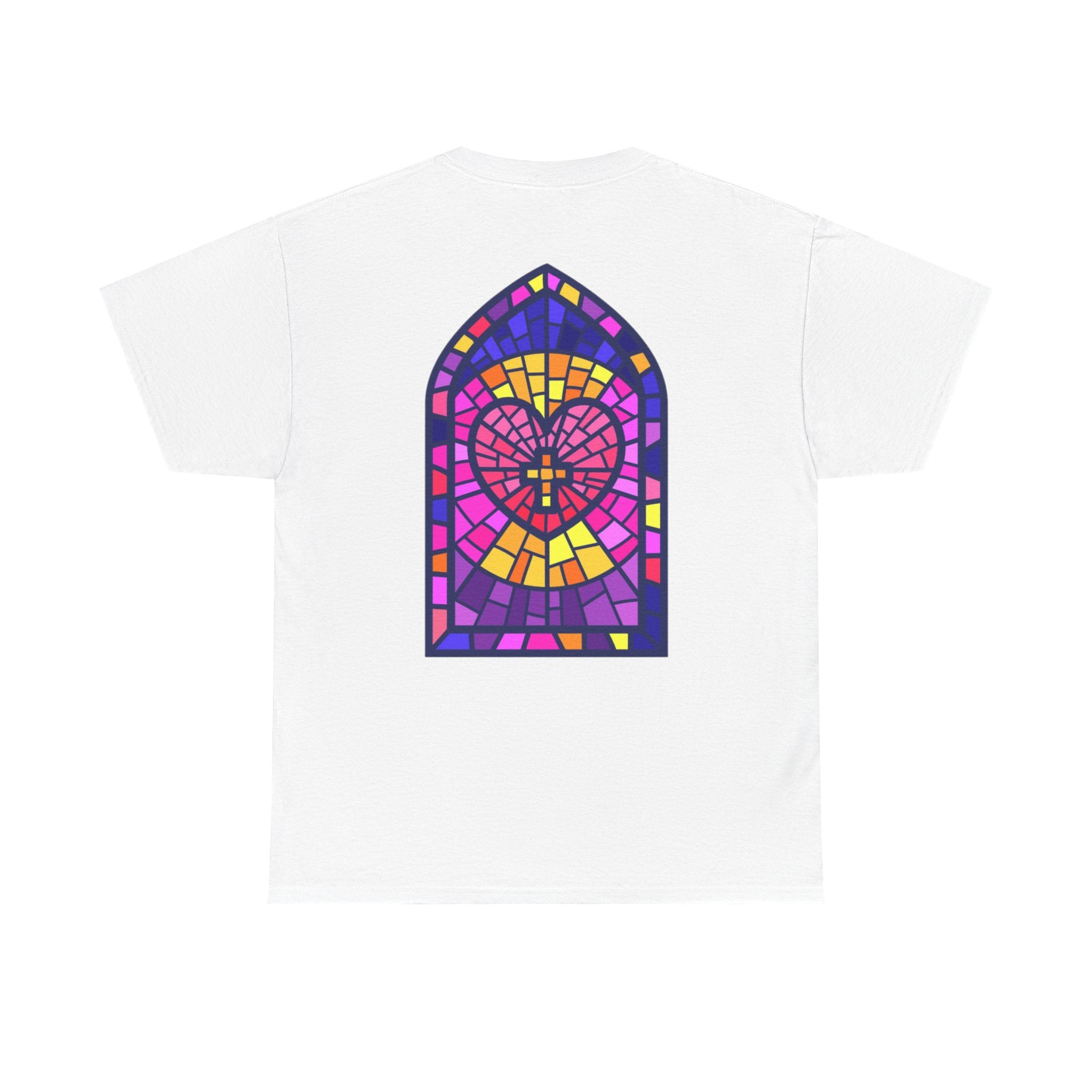 Believe Graphic Tee — Retro Pink Text & Stained Glass Back Print