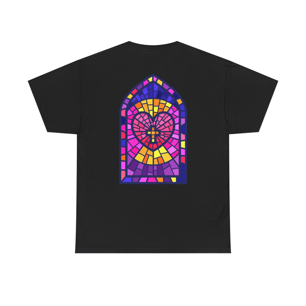 Believe Graphic Tee — Retro Pink Text & Stained Glass Back Print