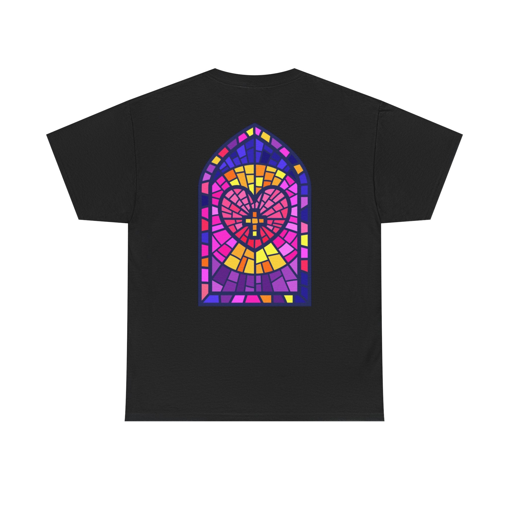 Believe Graphic Tee — Retro Pink Text & Stained Glass Back Print